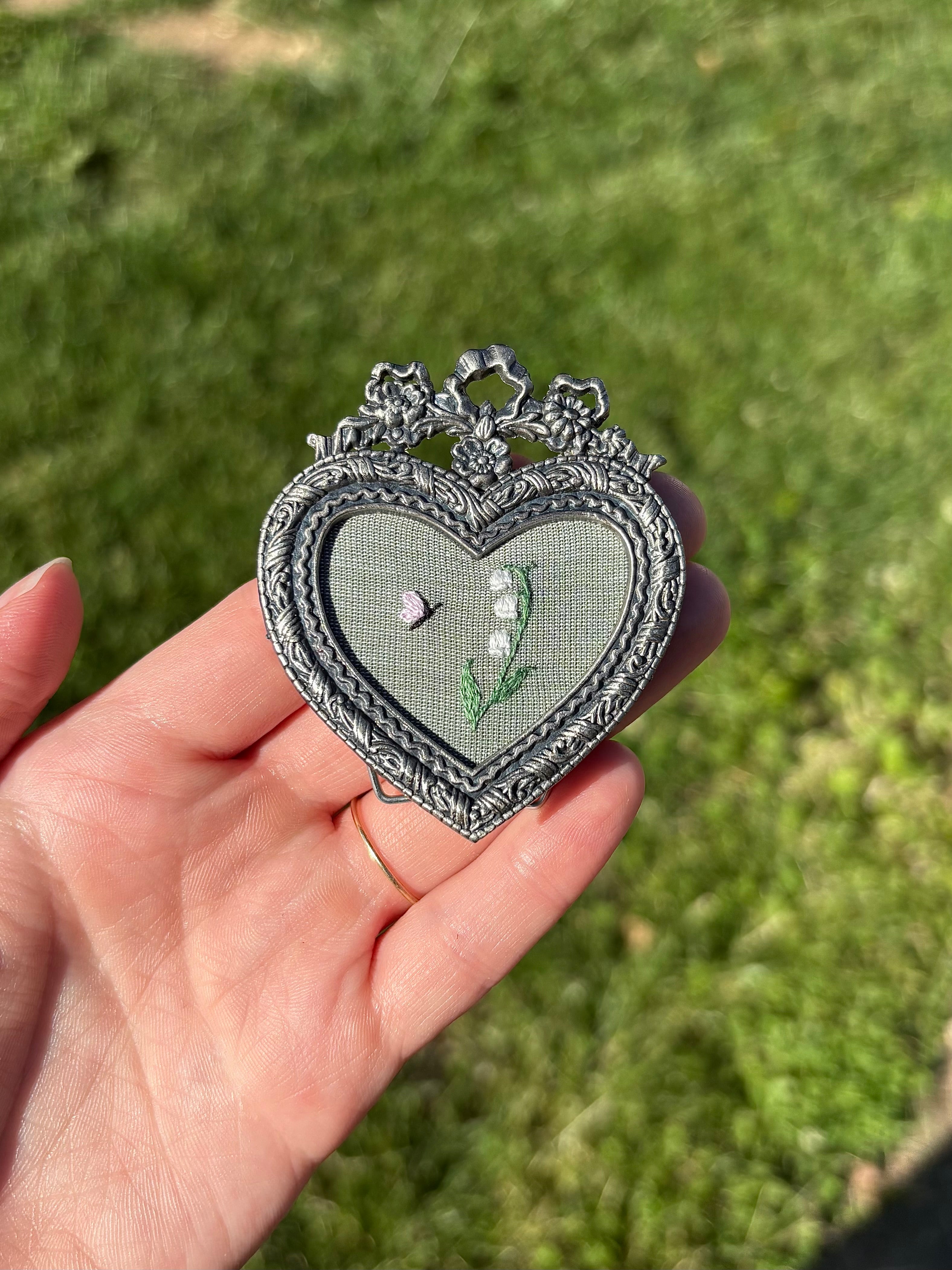 Upcycled Framed Embroidery: mini lily of the valley