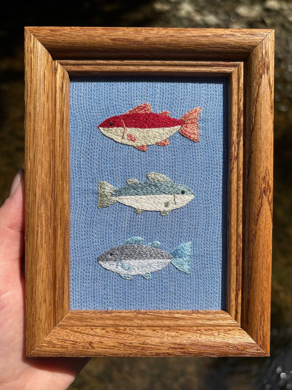 Upcycled Framed Embroidery: 3 fishy friends