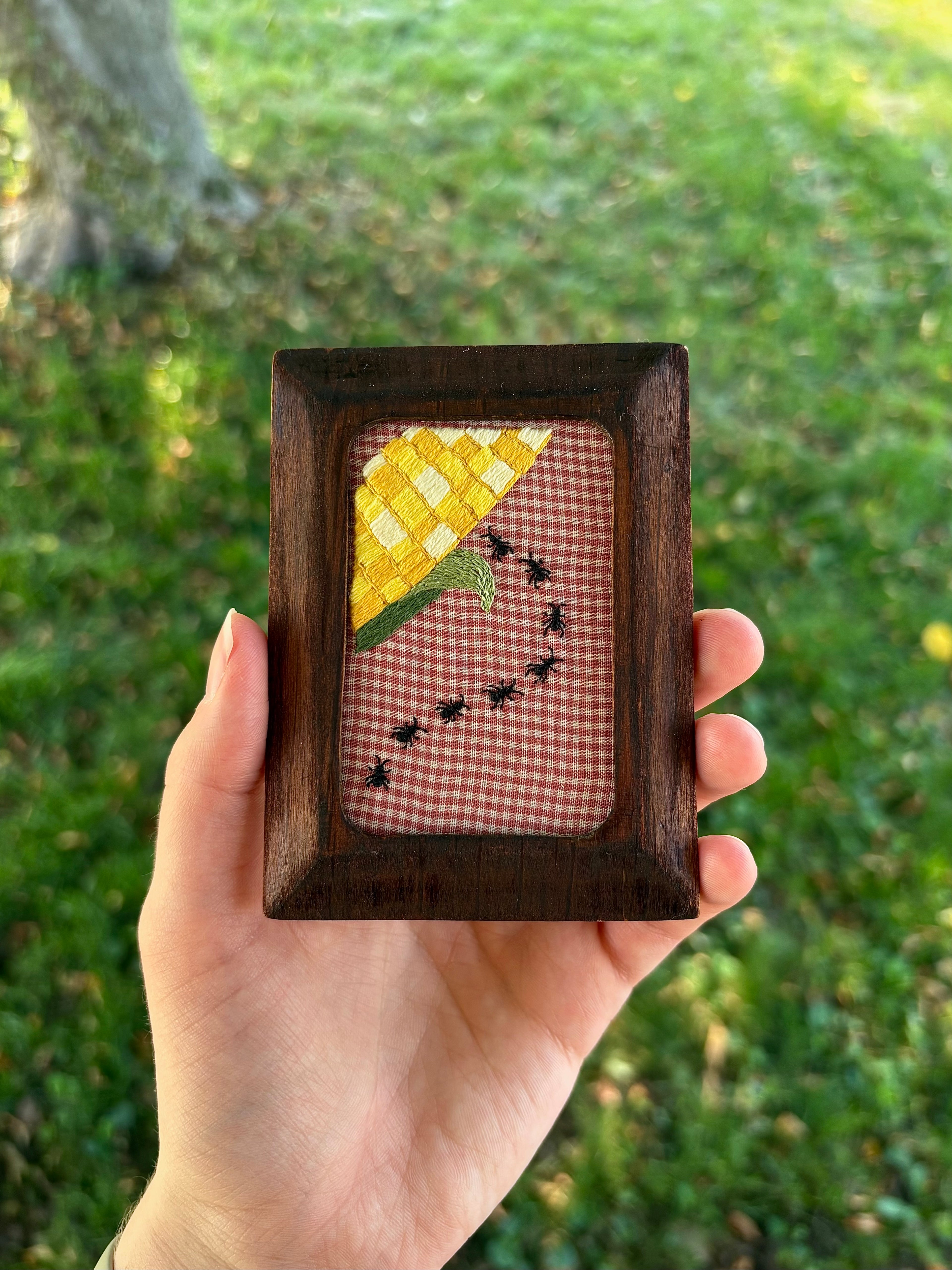 Upcycled Framed Embroidery: Ant Invasion- Corn Crisis!