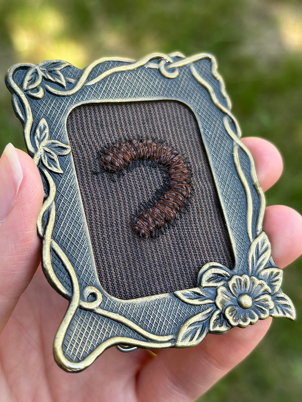 Upcycled Framed Embroidery: Millipede!