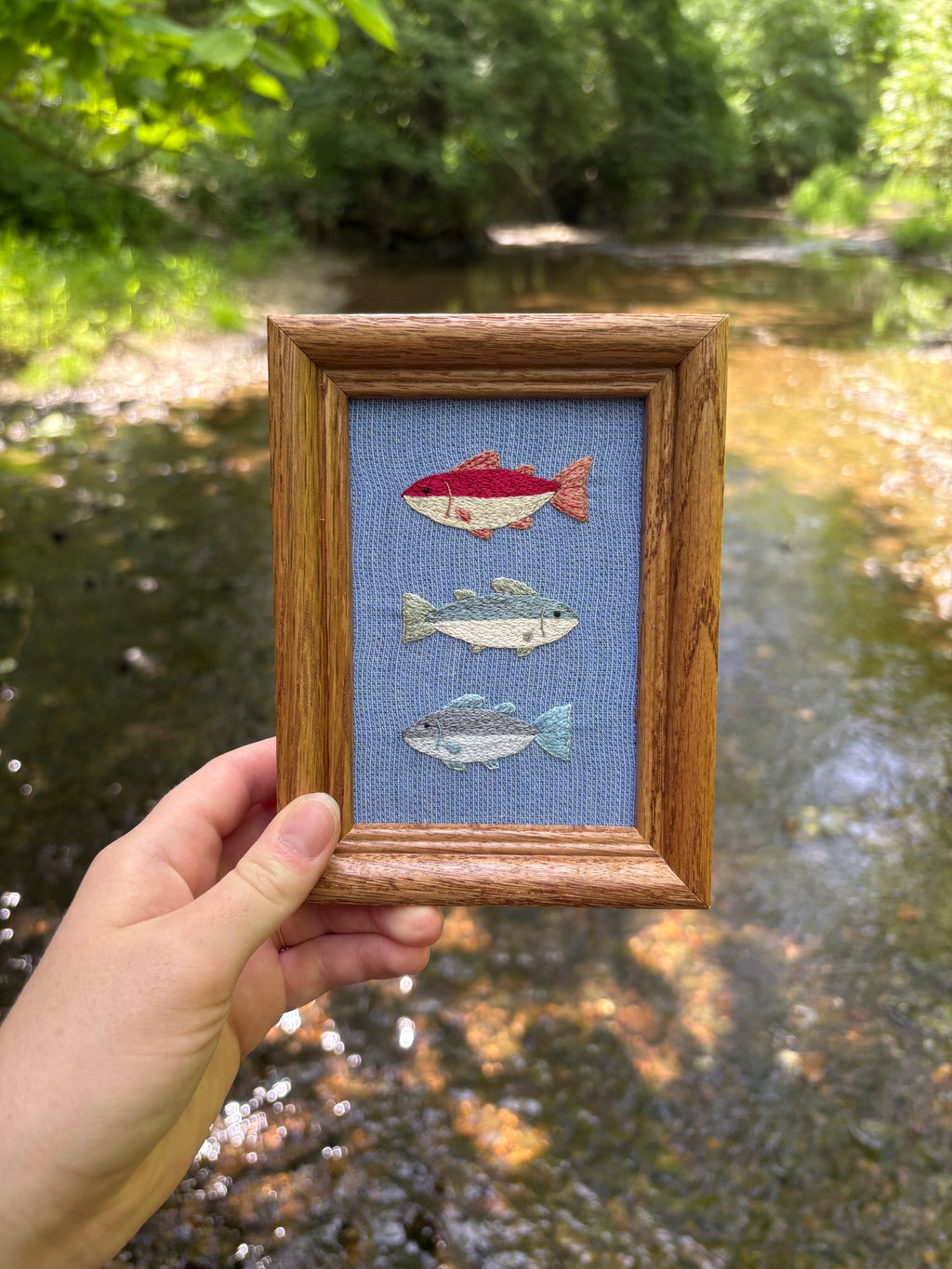 Upcycled Framed Embroidery: 3 fishy friends