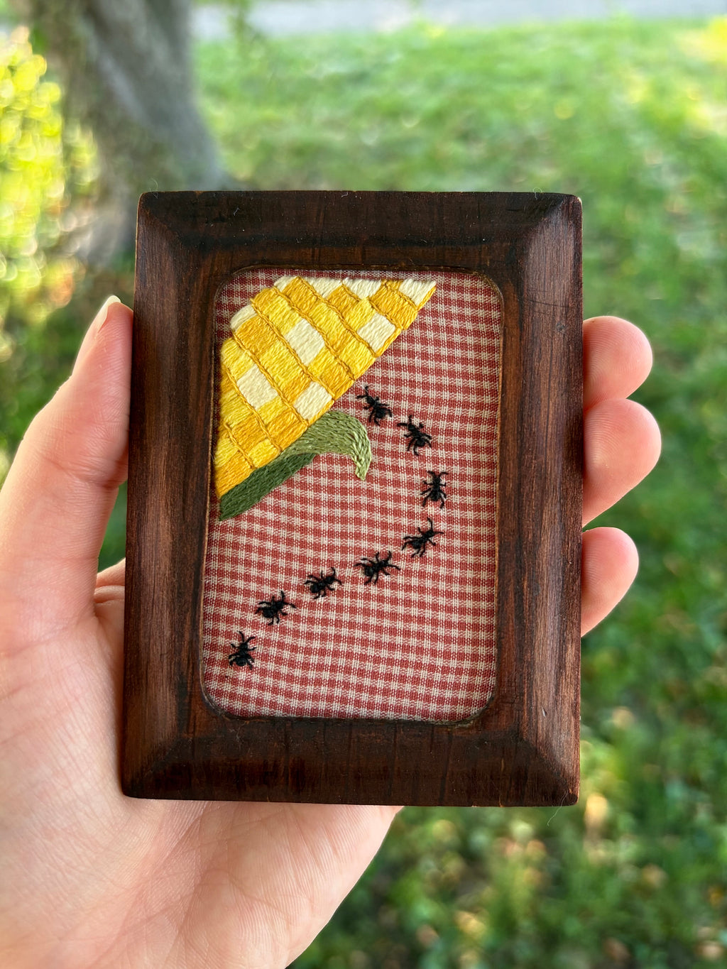 Upcycled Framed Embroidery: Ant Invasion- Corn Crisis!