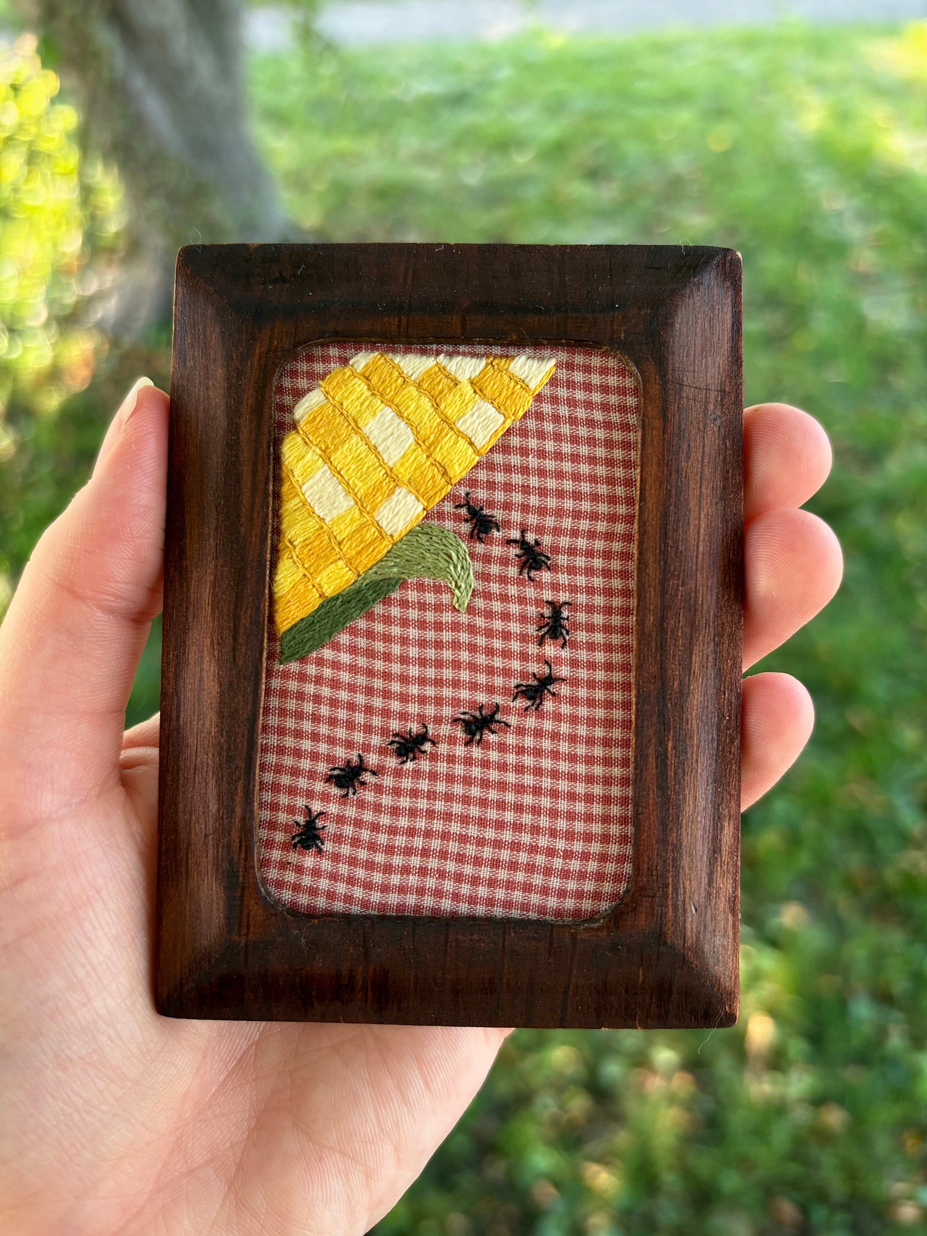 Upcycled Framed Embroidery: Ant Invasion- Corn Crisis!