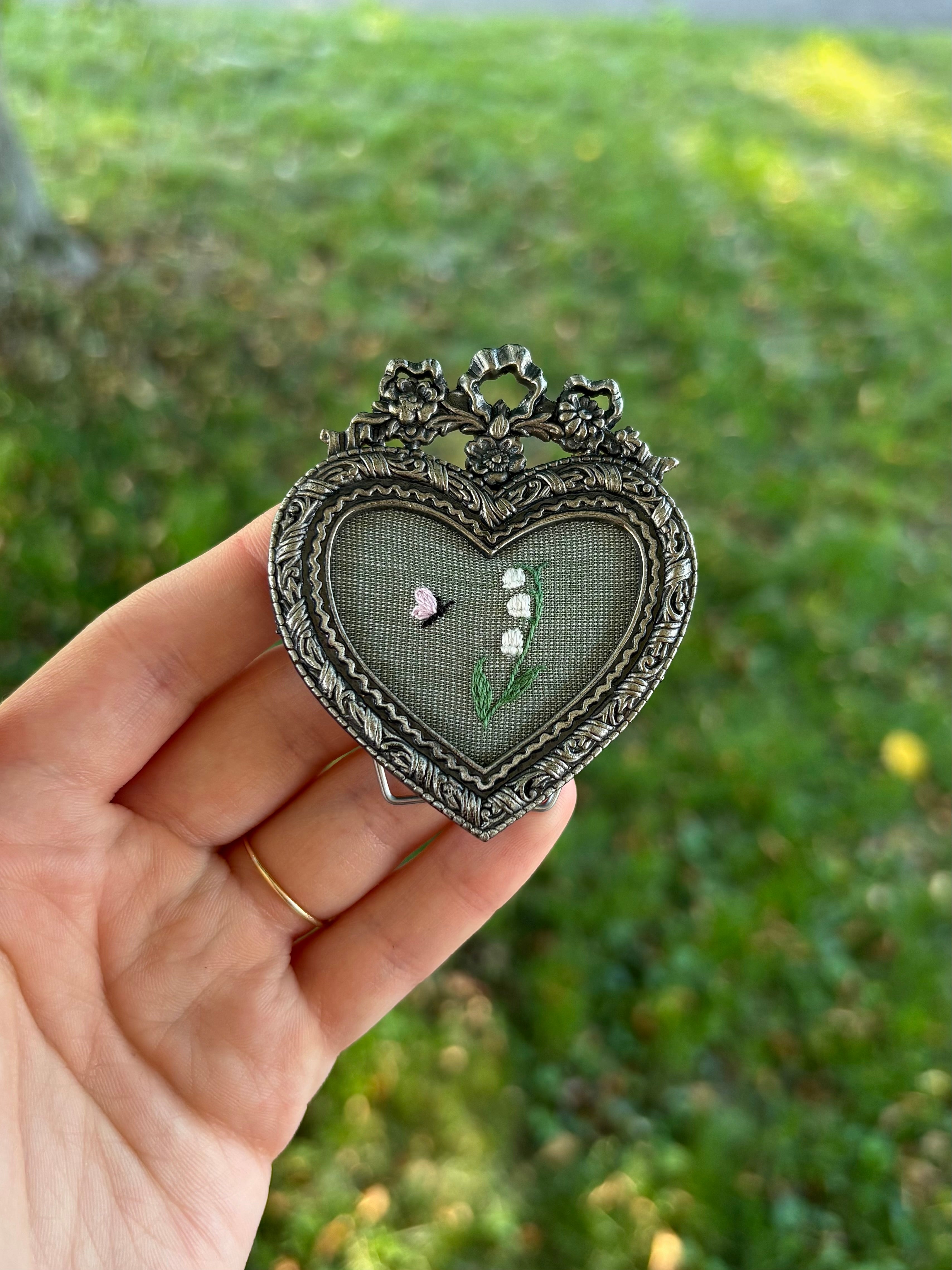 Upcycled Framed Embroidery: mini lily of the valley