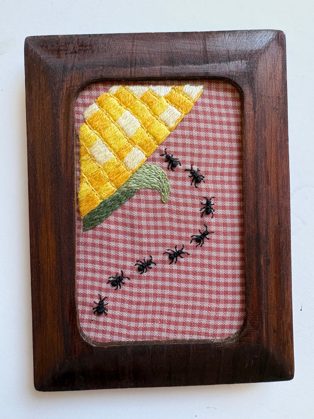 Upcycled Framed Embroidery: Ant Invasion- Corn Crisis!