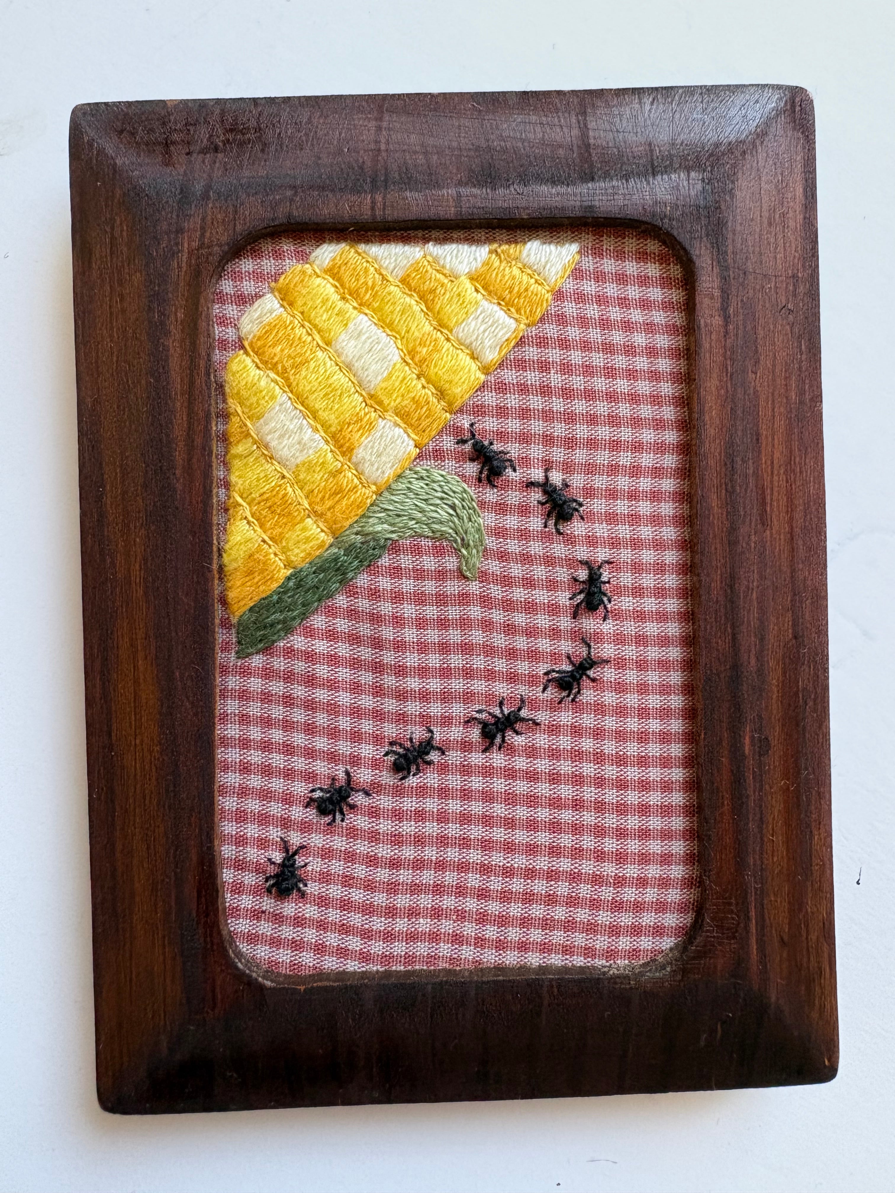 Upcycled Framed Embroidery: Ant Invasion- Corn Crisis!