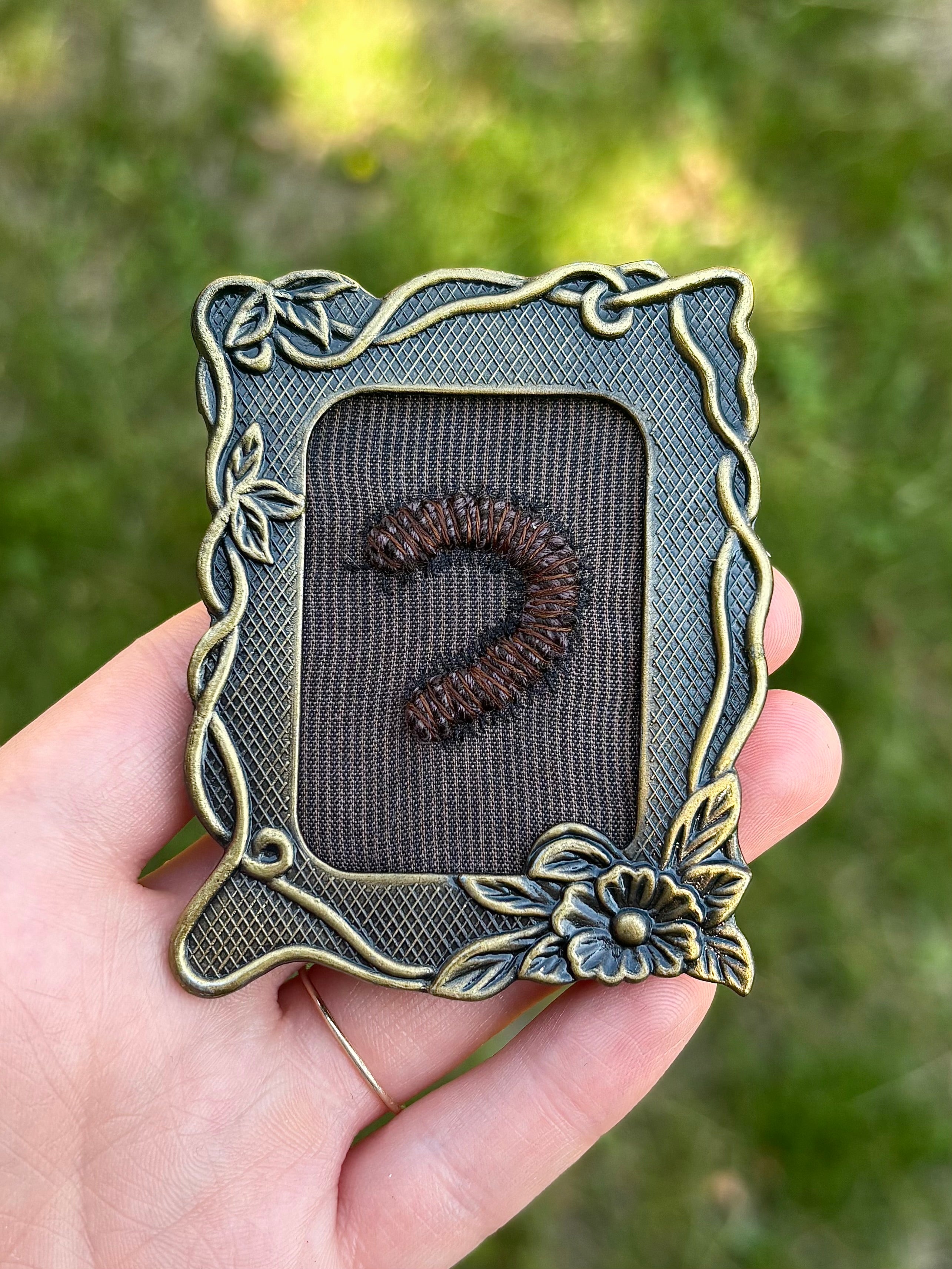 Upcycled Framed Embroidery: Millipede!