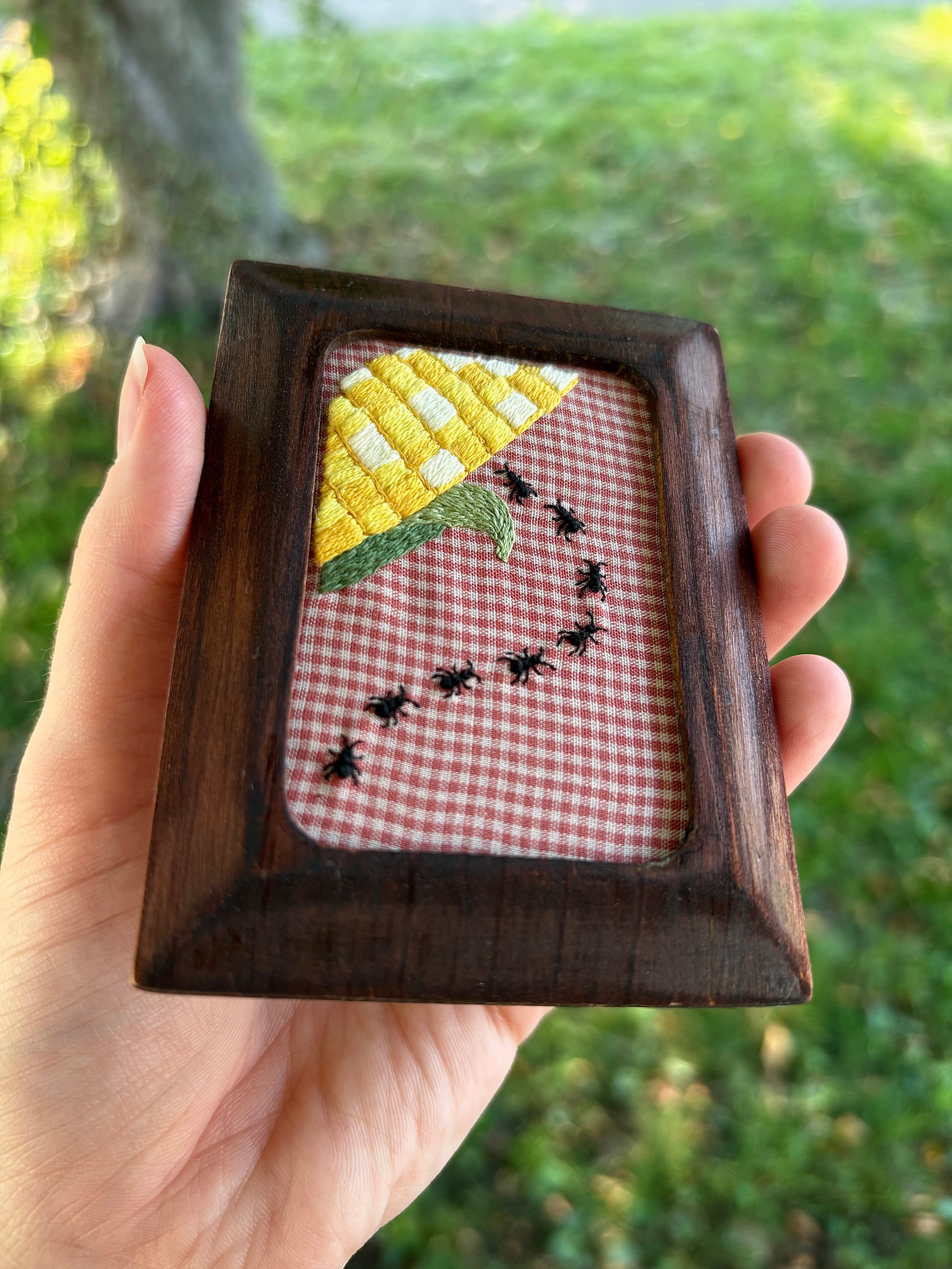 Upcycled Framed Embroidery: Ant Invasion- Corn Crisis!