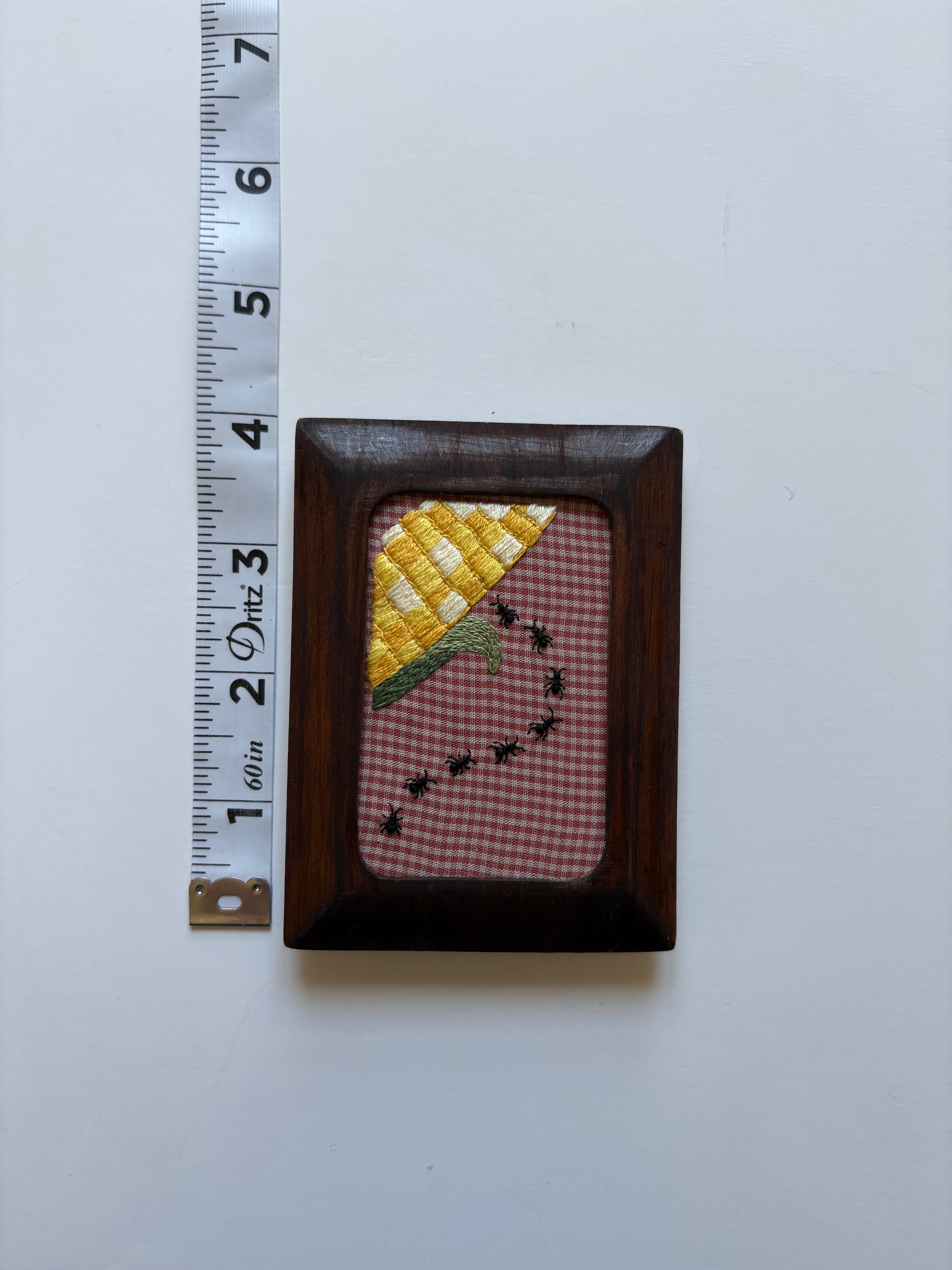 Upcycled Framed Embroidery: Ant Invasion- Corn Crisis!